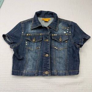 Cropped Dark Blue Studded Denim Jacket - Women
